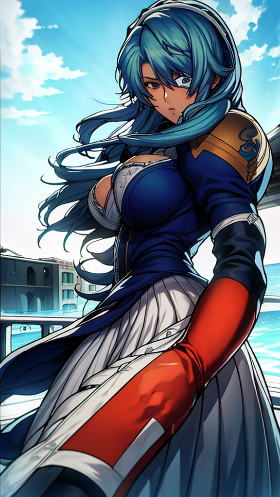 High detailed, 1 girl, aegean-blue colored hair, detailed Cyan eye, eyepatch, busty, huge And round buson, Orange sattela's clothes, sattela's Long skirt, violent face, serious face, eyepatch, eyepatch, eyepatch