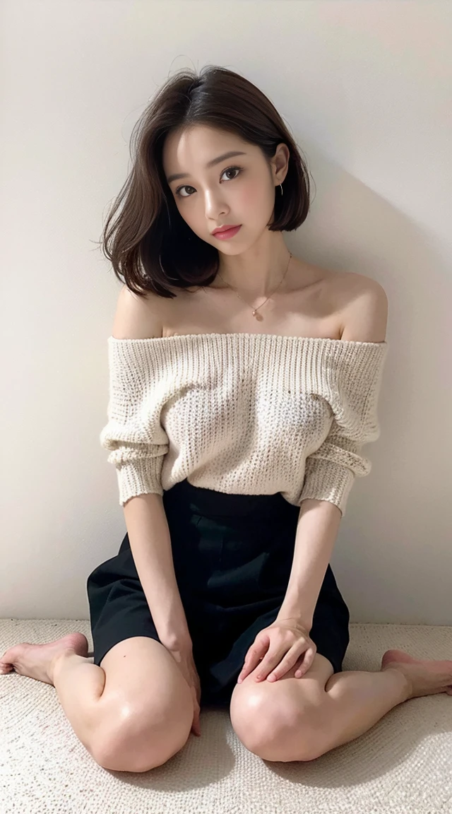 Dark brown hair、Light brown eyes、Japanese actress、 Lady、I am about 40 years old..、(Intricate details:1.2)、(Which one is on top??:1.4)、 (Ultra-high resolution:1.2)、Ultra-high resolution、(Finely tuned)、(Detailed facial features)、Hmph、8K resolution、D cup size breasts、Long Hair、Bright bathroom with sunlight shining in、Large windows、Extravagant space、relax、、,Full body photo、Head to toe shot、Beautiful legs、Off-the-shoulder knit、Beautiful legs、A refreshing room filled with sunlight、she, household items,   (plant:0.8), Fashion Hub, Extreme Detail, Very detailed, Realistic, Hourglass-shaped body, Obscene pose,、、私 cry a lot、tears、person on the left、White wall、White floor、diagonally from below、Lift your chin、Put your butt against the wall、relaxした表情、Pose of Weakness、