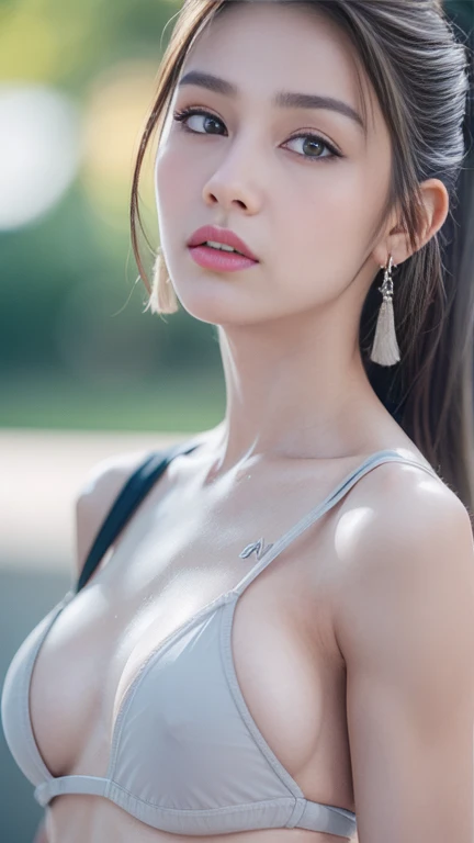 (tmasterpiece:1.2),Best quality,A high resolution,Unity8k wallpaper,(illuminations:1),perfect litthing,extremely detremely detailed CG,
Detailed pubic hair,The content is very detailed,soft lighting and shadows,Soft but eye-catching lighting,filmgrain:1.2,(skin pore:1.2),(Detailed skin texture:1),((Alone:1.5)),Detailed faces,(see-through:1.1),Misty,low pitch:1.1,depth of fields, 1 girl, Alone, jewely, Tassel earrings, ear nipple ring, sporty attire, looking at viewert, Long hair, Open lips, Nipple tassels, actual, eBlue eyes, hair adornments, Has gray eyes, close your mouth, vague background,