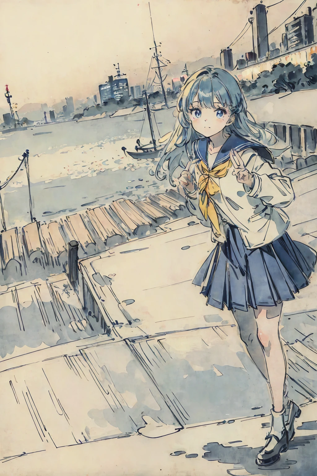 finely detailed illustration, vibrant color, best quality, masterpiece, One beautiful girl、cute、とてもcute、(Sailor suit、navy_blue long pleated skirt:1.1), Winters、purely、Neon City、nostalgic、Making a peace sign、night