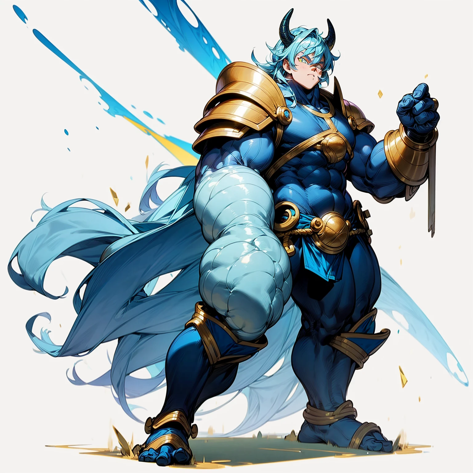 Ultra detailed, full background, Full body version, motion blur, plasma, lens blur, overlay color, overlay blending, lighten blending, chromatic aberration, hd, ultra hd, man, largest muscle, gold, gold color hair, blue color skin, gold eyes, (dragon ball style)