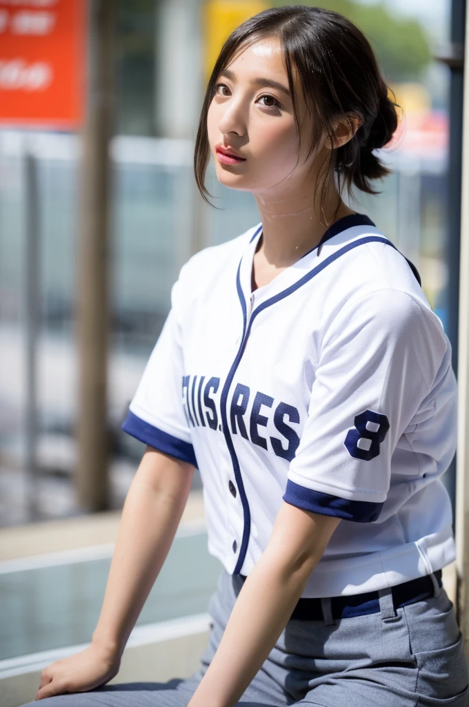 ((Highest quality, 8K, masterpiece: 1.3)), sharp: 1.2, Perfect Body Beauty: 1.4, Slim Abs: 1.2, (Layered Hairstyles, big)), Baseball uniforms, (rain, street: 1.2), Wet: 1.5, Highly detailed face and skin texture, Fine grain, double eyelid, looking at the camera