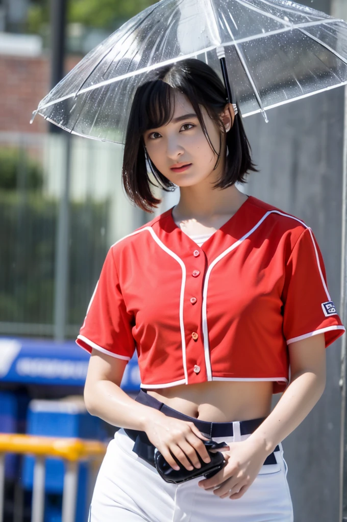 ((Highest quality, 8K, masterpiece: 1.3)), sharp: 1.2, Perfect Body Beauty: 1.4, Slim Abs: 1.2, (Layered Hairstyles, big)), Baseball uniforms, (rain, street: 1.2), Wet: 1.5, Highly detailed face and skin texture, Fine grain, double eyelid, looking at the camera