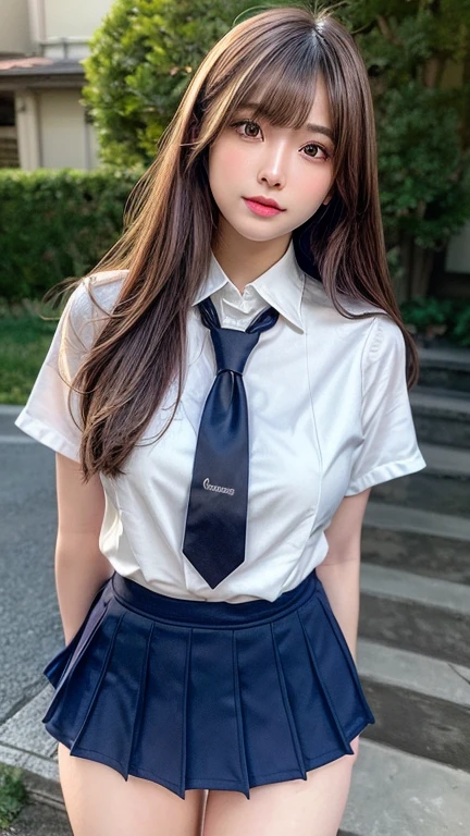 8K,Highest quality, masterpiece, Super detailed, 超High resolution, Realistic, RAW Photos, Absurd, The absolute solution, ((1 girl solo)), From below,Young and beautiful woman in Japan, Super cute face, Attractive person, Large Breasts , Long Bob Hair , (school uniform:1.3),(White panties),(Complicated panties:1.2),Knee socks,From the side,Wind,Outdoor,Looking into the distance,Look to the side, Glossy Lips, Double eyelids on both eyes, shiny smooth light brown Long Bob Hair, Asymmetrical bangs, Shiny skin, Center image, High resolution, Attention to detail, Detailed hairstyle, Detailed face, Great cinema lighting, Octane Rendering, Vibrant, Ultra-realistic, Perfect limbs, Perfect Anatomy