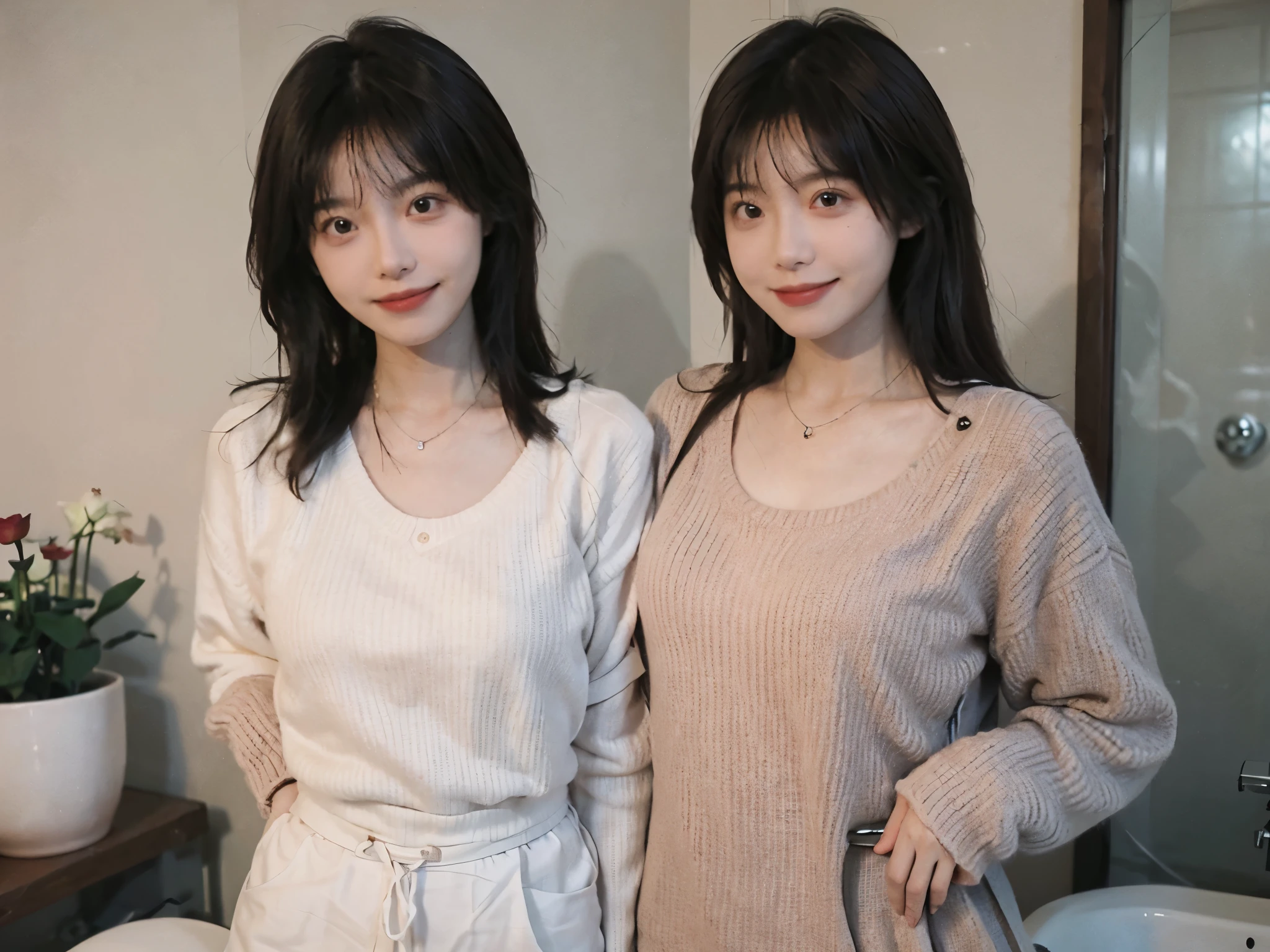 best quality， ultra high resolution， （realistically：1.4），cute hairpin，Baoyu Girl，1 girl,pink long sweater，pink long sweater ，Beautiful woman with slim figure:1.4, abdominal muscles:1.1, (a brown haired one, Medium chest:1.3), pink long sweater, bathroom,Super thin face，exquisite eyes，double eyelids，Smile，necklace