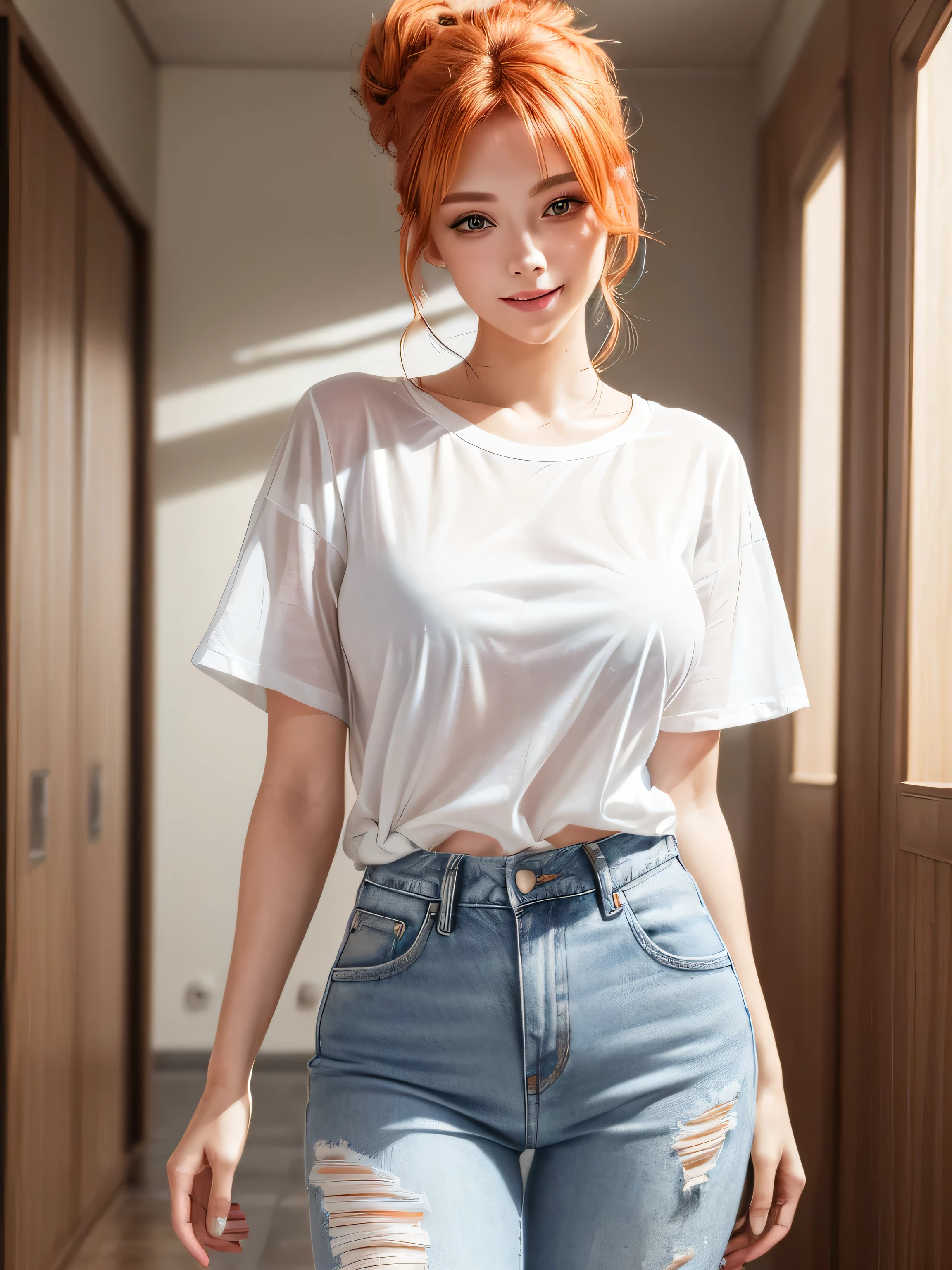 ((Masterpiece, Best Quality, highest resolution, pixel perfect, 4k))), 1 girl, Single, Alone, beauty, (full body shot, front shot), ((updo hair, Orange hair)), ((clear-eyed, Beautiful eyelashes, realistic eyes)), ((detailed face, Beautiful face, blush)), ((smooth texture, realistic texture, photorealistic)), (medium breasts, dynamic angle, Skinny body), (( loose white opaque cotton T-shirt, denim pants)), inner locker room, Looking up from below, Very embarrassing smile,