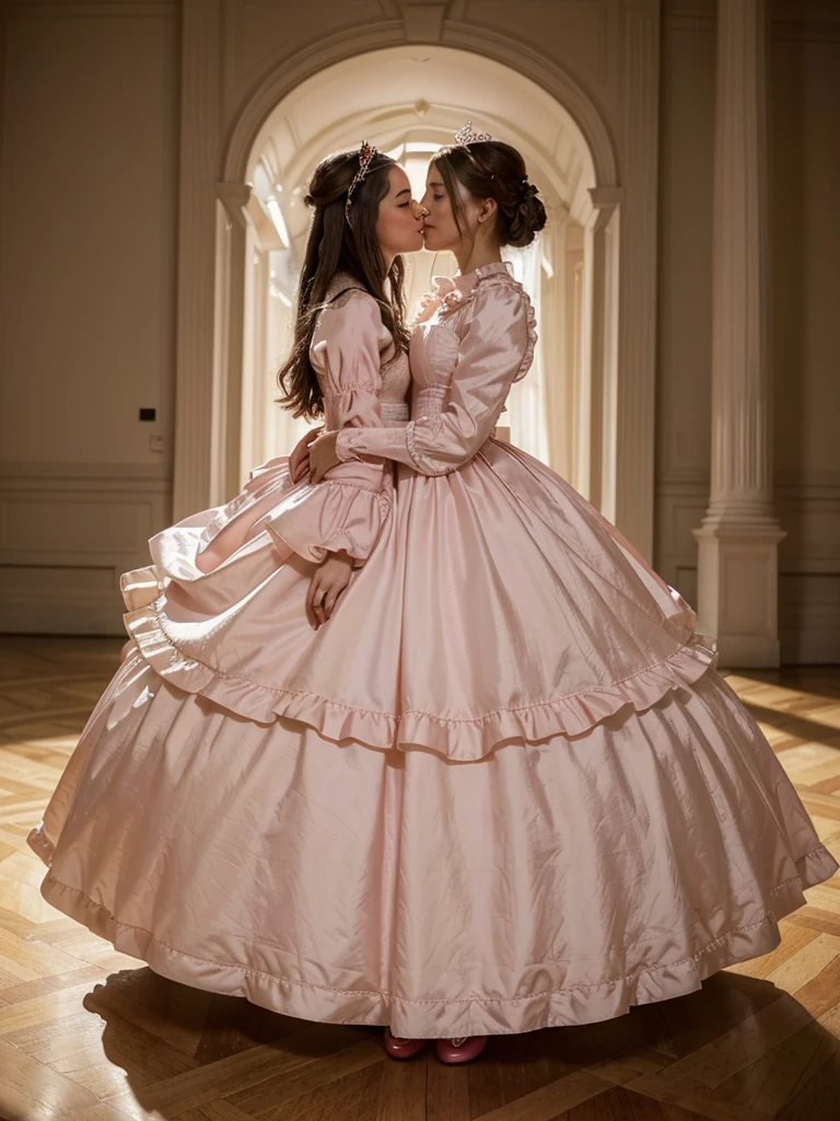 highest quality, masterpiece, Highest Resolution, artwork, super それにGet used to it, many Get used to it, Get used to it, それにGet used to it,, woman,cute womans,(()),((All 25 year old woman)),woman are princesses,Everybody has a tiara on their head,((Everything has volume,She is wearing a pink Victorian ball gown dress and a full-length hoop skirt。)),The dress is round and puffy,(Ruffled long sleeves),((A long dress that reaches the floor)),A dress with lots of frills and ribbons..,((Frilled yoke collar)),luxury,Inside the palace,Soft and smooth silk satin dress,They're kissing.,Lesbian,one woman Kissing the neck of the other