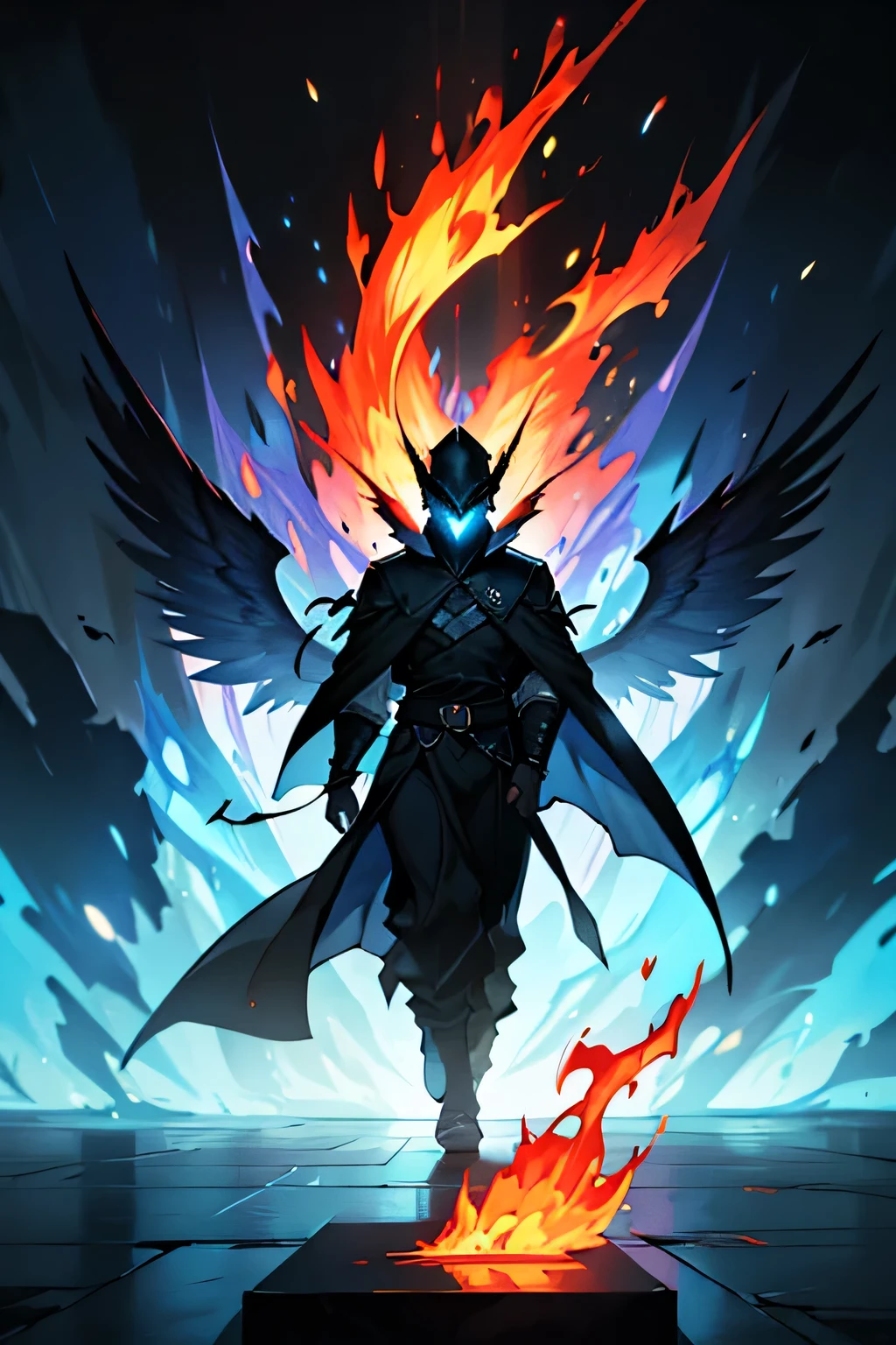 phoenix, solo, mysterious silhouette, figure completely shrouded in shadow, shadow, darkness, large wings, blue flames, magic fire, black robes and armor, blue fire, blue fiery aura