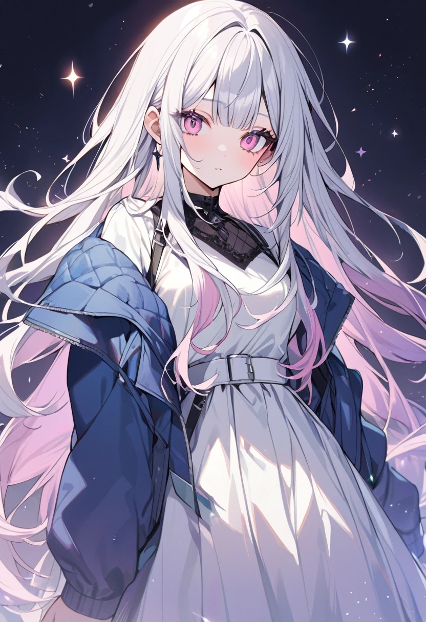 1 female, solo, long length hair, pastel hair, white hair with a twinkling dark purple ombre, with bangs, pink eyes, white clothes, blue jacket, beautiful.