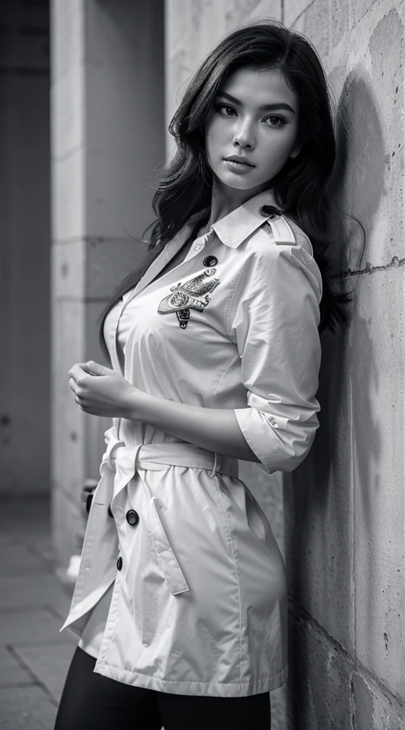 16K, Hyper-realistic quality, work of art, 1 girl, Chinese girl, The girl looks like Linda Evangelista in her youth, ((portraite)), Model until anerexic, long straight dark hair, Hair develops, jump high, camisa preta oversized, elbow rolled up sleeves, Gola V, legging preta, stone decorations on the neck, White studio photography, fashion shooting, softshadows, monochrome photography, grain, photographic quality, cinematic quality. trench coat