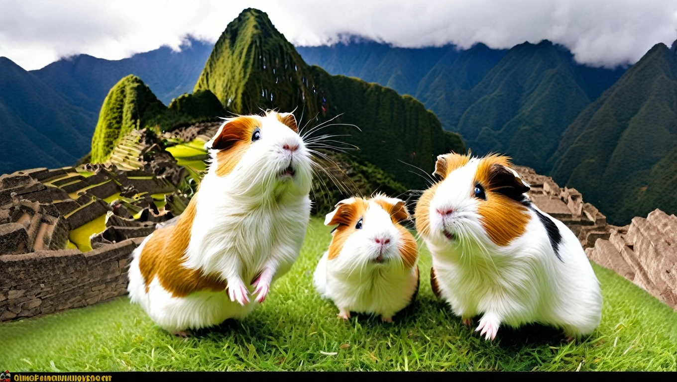 its tornado season, photo of surprised guinea pigs blowing away in the heavy wind of Machu Picchu, flying guinea pigs tumbling in wind, funny, chaotik, award winning masterpiece, hilarious 