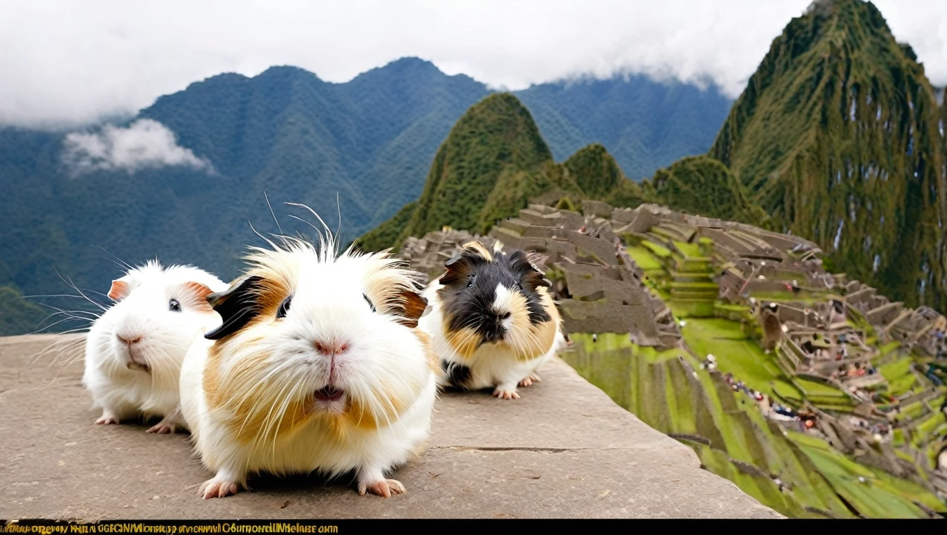 its tornado season, photo of surprised guinea pigs blowing away in the heavy wind of Machu Picchu, flying guinea pigs tumbling in wind, funny, chaotik, award winning masterpiece, hilarious