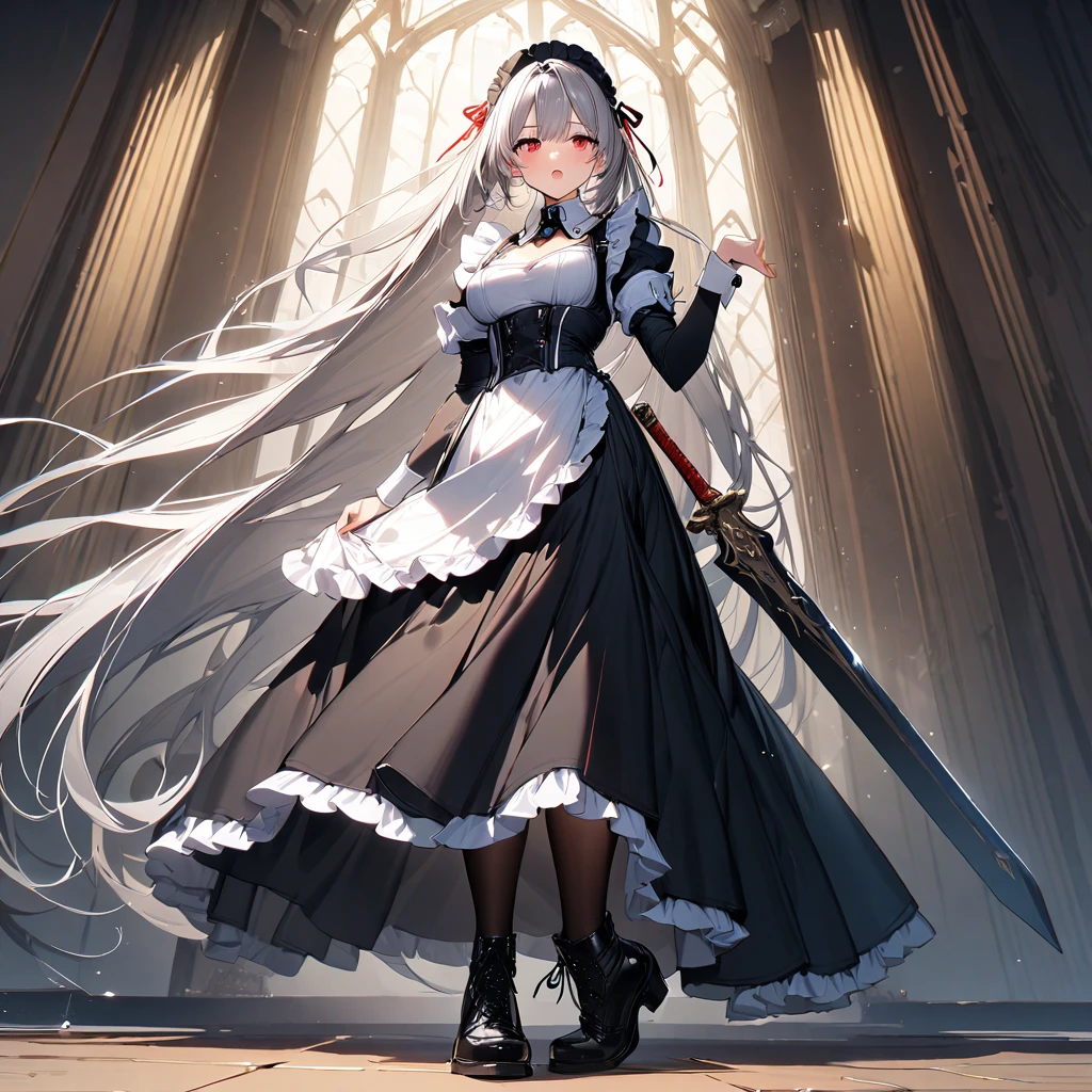 (masterpiece),(Highest quality),(Super detailed),(Best illustrations),(so beautiful), so beautiful長い脚,Silver Hair, Red eyes, Very long hair, pantyhose, Maid, headdress, apron, Long skirt,  huge sword, powerful