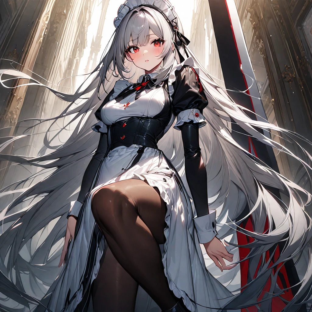 (masterpiece),(Highest quality),(Super detailed),(Best illustrations),(so beautiful), so beautiful長い脚,Silver Hair, Red eyes, Very long hair, pantyhose, Maid, headdress, apron, Long skirt, huge sword, powerful