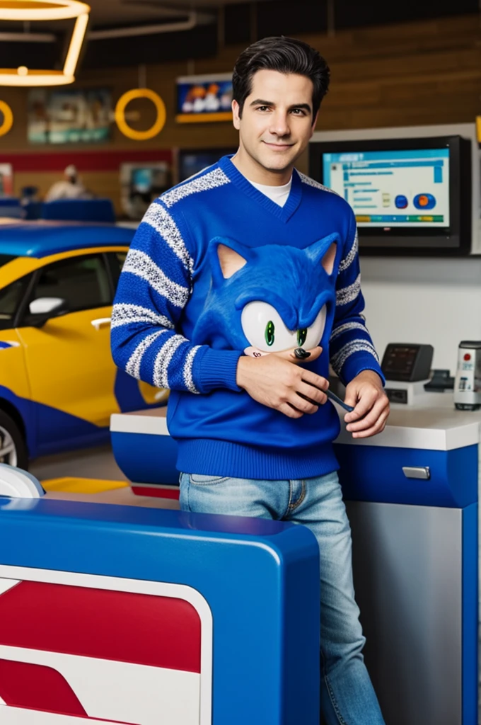 Sonic with a printed sweater with the name Anthony Locarno