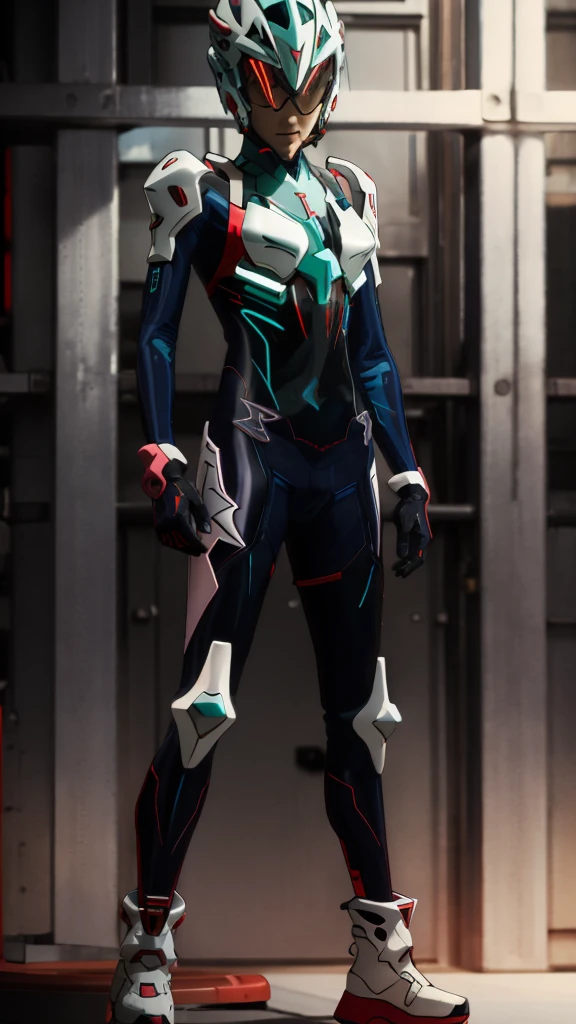 Neon Genesis Evangelion style, male, pilot, wearing plugsuit and custom helmet 