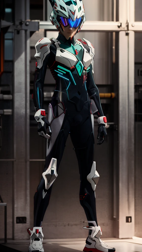 Neon Genesis Evangelion style, male, pilot, wearing plugsuit and custom helmet 