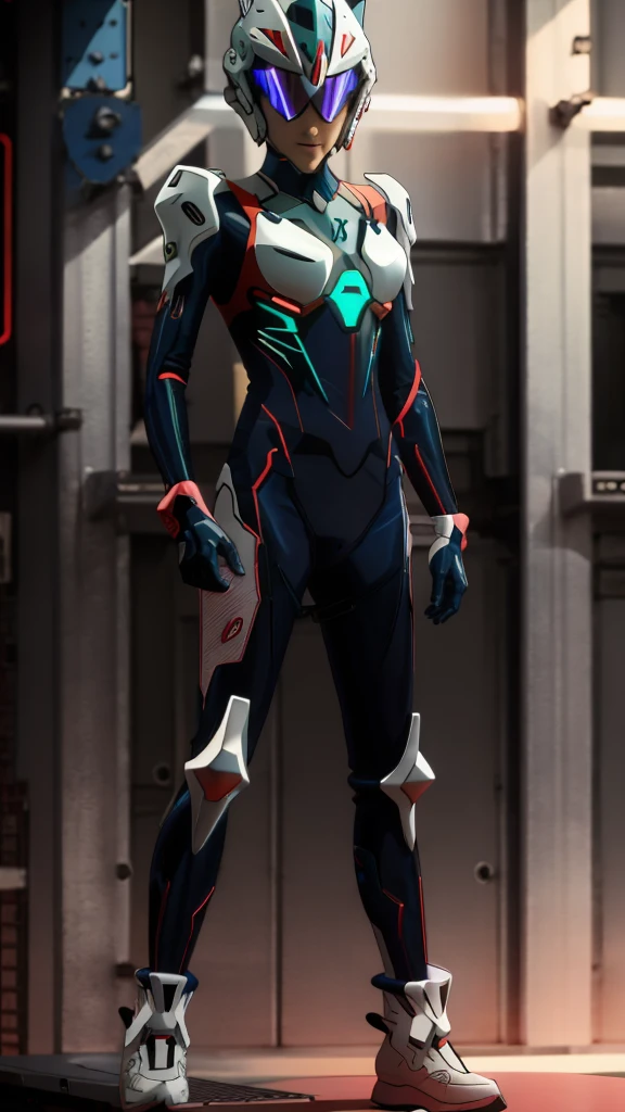 Neon Genesis Evangelion style, male, pilot, wearing plugsuit and custom helmet 