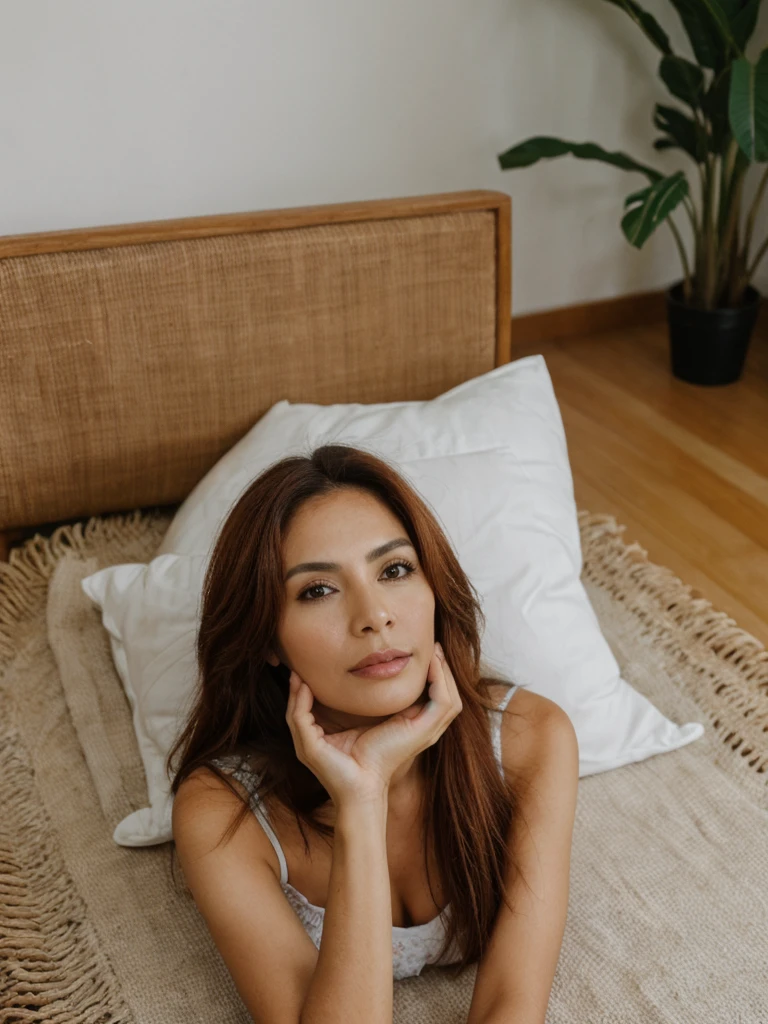 Adriana, 1girl, solo, realistic, photorealistic, high quality picture, 8k, high resolution, detailed quality, film grain, natural photo, ultrarealistic, (((40-years-old))), ((detailed wrinkles in her face)), LATINA, (Background: Mexico), (((SLIM))), ((THIN)), (Slender) ((Long Red hair)), Come hither look, fully clothed, Pose: Laying down, ((Laying down at her house in Mexico)), Noon time, full shot