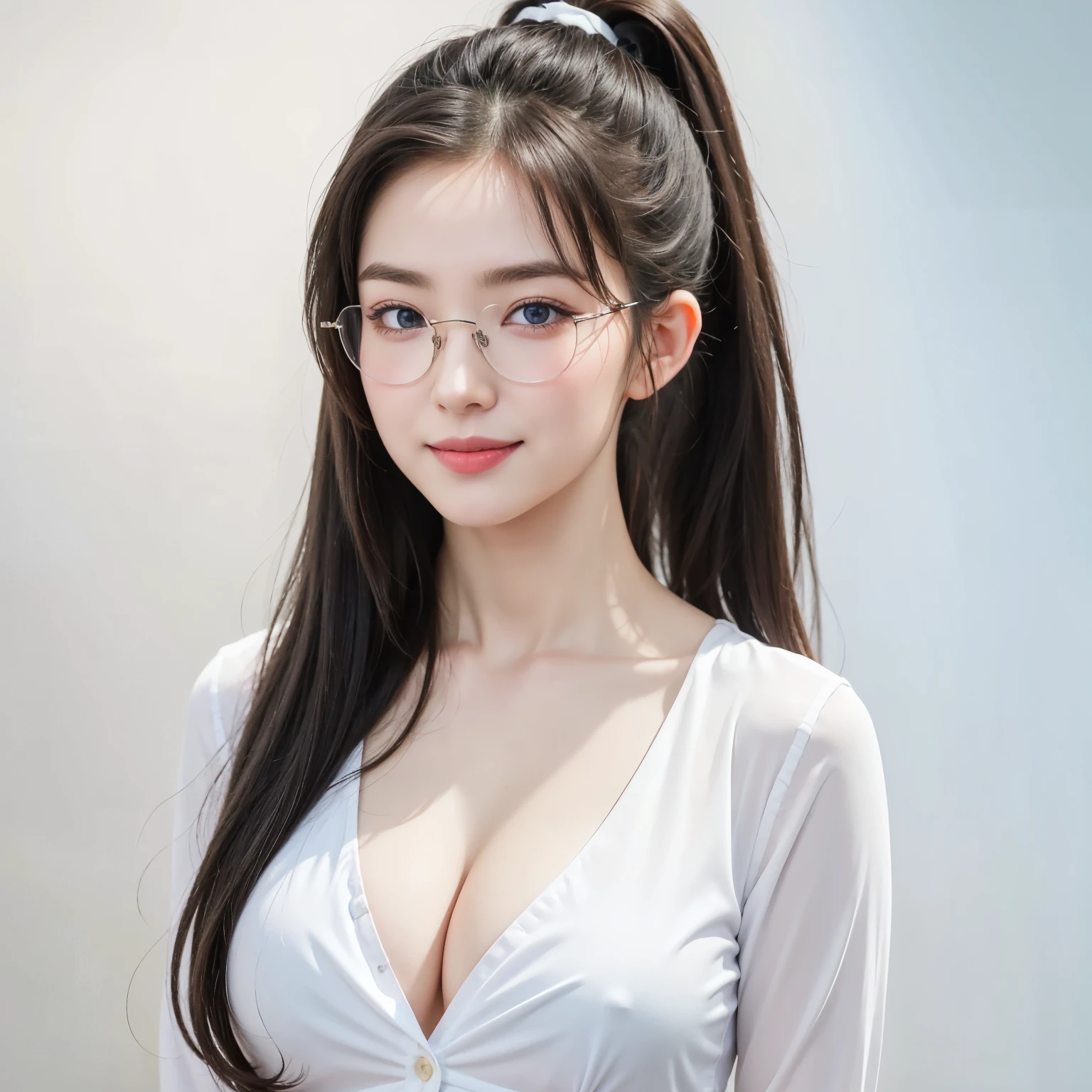 (Best quality, masterpiece, detailed), (RAW, 4k, hd images), 1 girl, , white skin, long hair, ponytail, layers hair, bangs, black hair, beautiful girl, cute girl, sweet girl, pretty girl, perfect girl, perfect body, pretty eyes, glowing pale blue eyes, thin lips, (eye line, lip soft), perfect breast, glasses(detailed frame), simple background, smile, waist, white shirt with open button, upper waist body, modeling pose, free style pose, random angle capture, cleavage