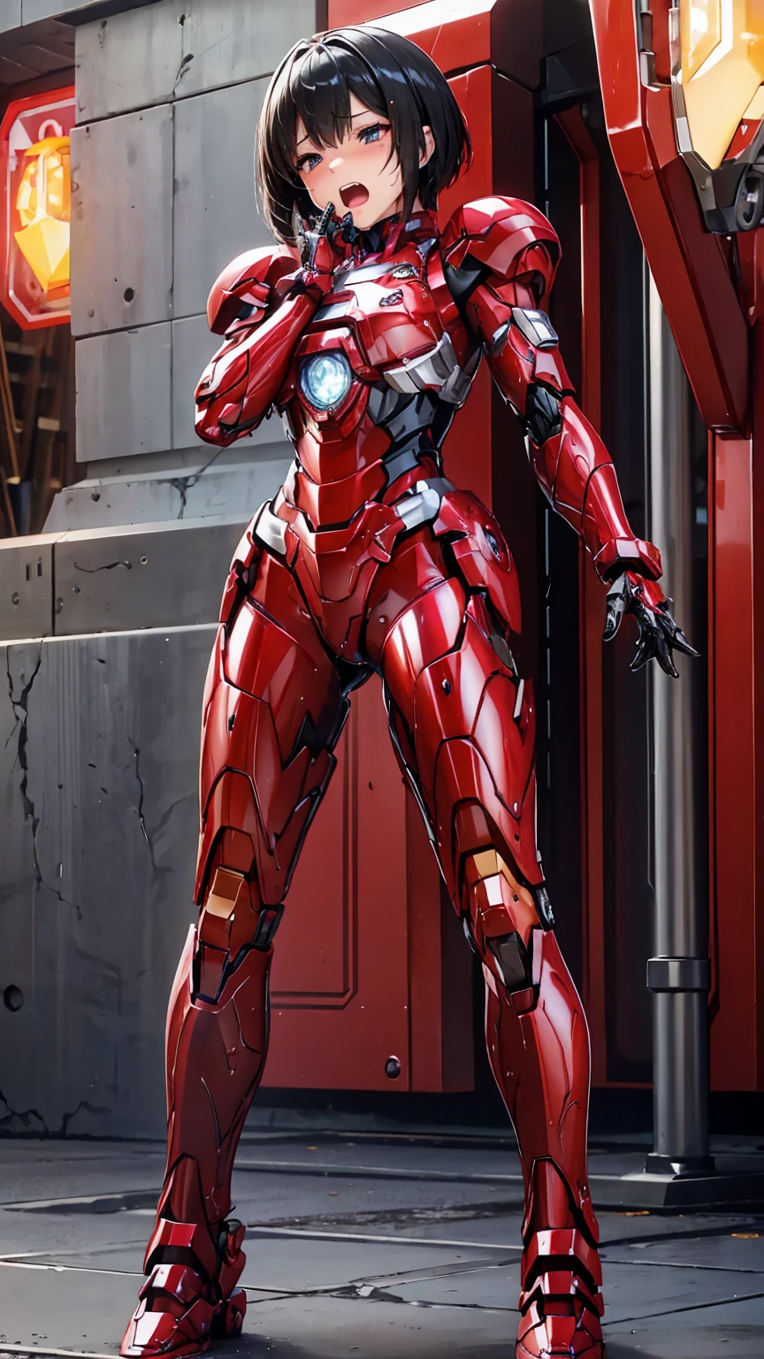 Female Iron Man(Red and Black)、shine、Shortcuts、Textured skin, Super detailed, Attention to detail, high quality, 最high quality, High resolution, 1080P, hard disk, beautiful,(Gundam),beautifulサイボーグ女性,Mecha Cyborg Girl,Battle Mode,Woman with a mechanical body,Full Body Shot、、Expression of bitterness、Sweaty face、、Squint your eyes、、humid、Soaking wet、、Steam coming out of the head、Spread your legs、Embarrassed face、Open your mouth、Hold your face　Black-haired　Short-haired　Soaking wet　Many people are wearing the same clothes