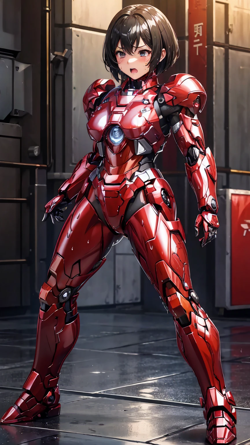 Female Iron Man(Red and Black)、shine、Shortcuts、Textured skin, Super detailed, Attention to detail, high quality, 最high quality, High resolution, 1080P, hard disk, beautiful,(Gundam),beautifulサイボーグ女性,Mecha Cyborg Girl,Battle Mode,Woman with a mechanical body,Full Body Shot、、Expression of bitterness、Sweaty face、、Squint your eyes、、humid、Soaking wet、、Steam coming out of the head、Spread your legs、Embarrassed face、Open your mouth、Hold your face Black-haired Short-haired Soaking wet Many people are wearing the same clothes