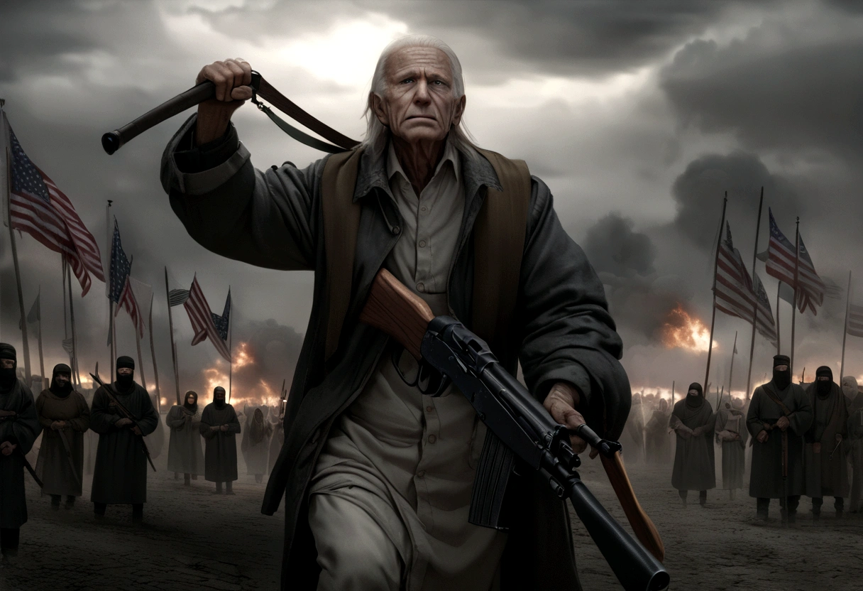 a decrepit old man, joe biden, cheering at a muslim terrorist rally (hijabs that obscure face, wielding swords and AK47 machine guns, flags of Iran and Islam), pledging american support, detailed wrinkled face, saggy skin, sunken eyes, grey hair, disheveled appearance, american flag, muslim extremists, explosions, chaos, dark clouds, eerie lighting, gloomy atmosphere, cinematic, highly detailed, photorealistic, 8k, dramatic, unnerving, unsettling
