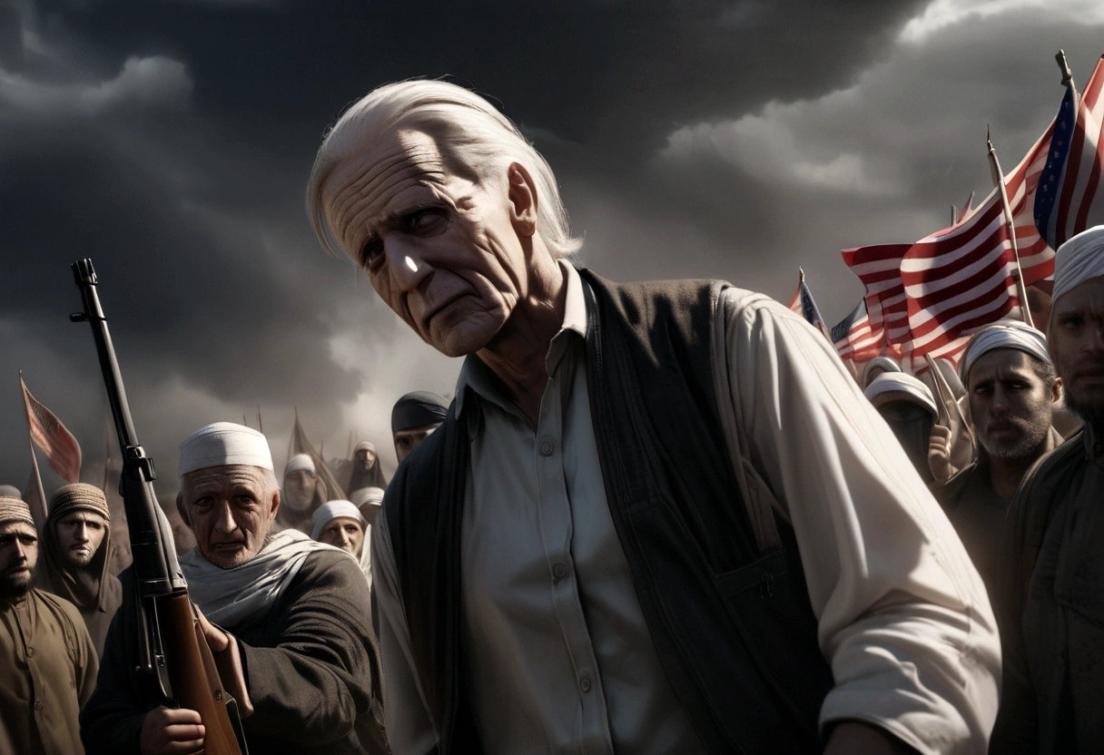 a decrepit old man, joe biden, cheering at a muslim terrorist rally (hijabs that obscure face, wielding swords and AK47 machine guns, flags of Iran and Islam), pledging american support, detailed wrinkled face, saggy skin, sunken eyes, grey hair, disheveled appearance, american flag, muslim extremists, explosions, chaos, dark clouds, eerie lighting, gloomy atmosphere, cinematic, highly detailed, photorealistic, 8k, dramatic, unnerving, unsettling
