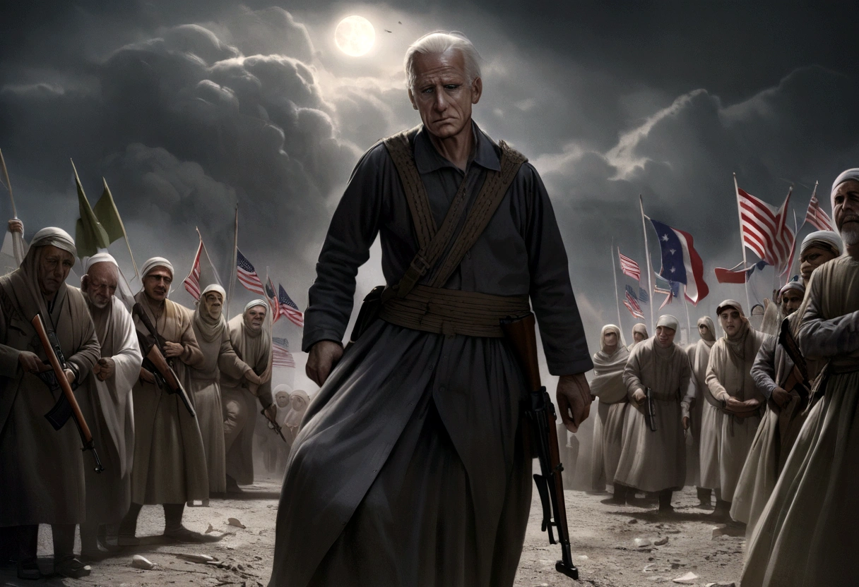 a decrepit old man, joe biden, cheering at a muslim terrorist rally (hijabs that obscure face, wielding swords and AK47 machine guns, flags of Iran and Islam), pledging american support, detailed wrinkled face, saggy skin, sunken eyes, grey hair, disheveled appearance, american flag, muslim extremists, explosions, chaos, dark clouds, eerie lighting, gloomy atmosphere, cinematic, highly detailed, photorealistic, 8k, dramatic, unnerving, unsettling
