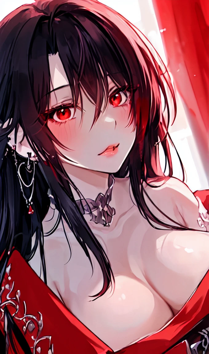 1girl, portrait, earrings, solo,lips, female focus, red eyes, looking at viewer, black hair, long hair, closed mouth