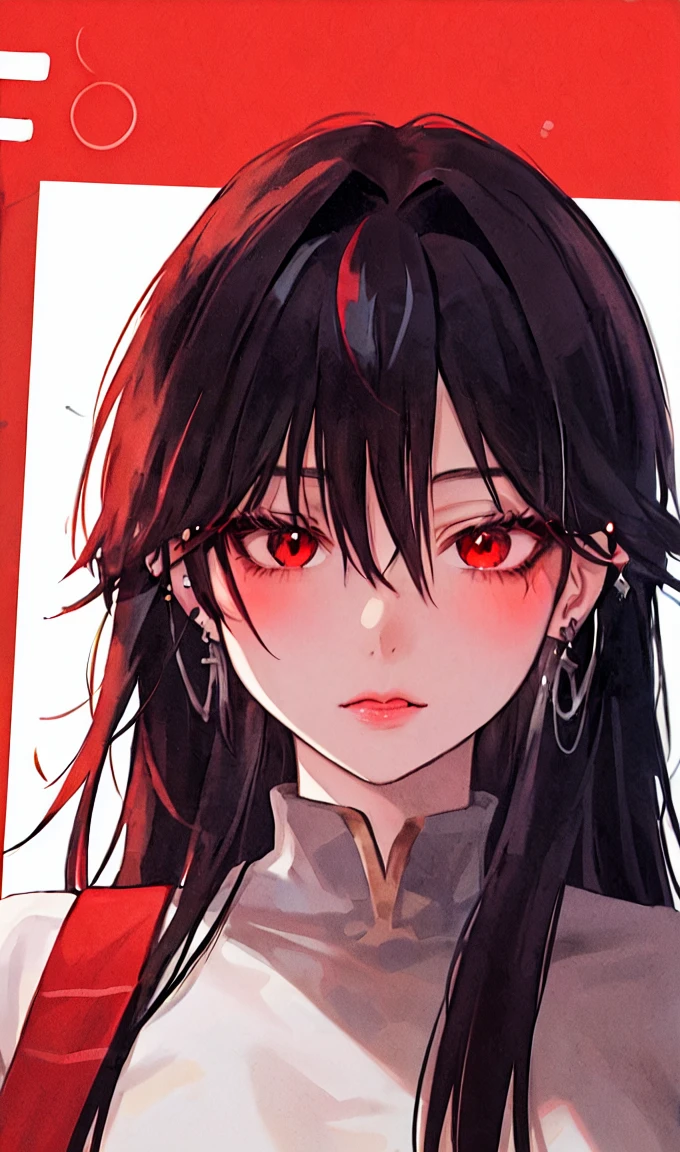 1girl, portrait, earrings, solo,lips, female focus, red eyes, looking at viewer, black hair, long hair, closed mouth