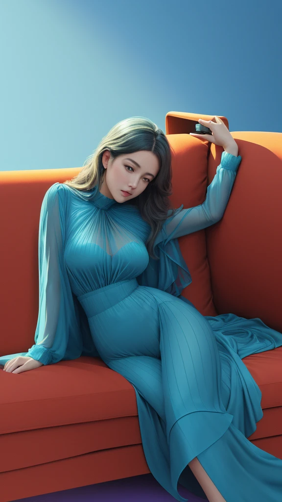 A beautiful charming lady, lay in a luxurious sofa, covered by red and golden luxurious silk fibers. The fibers is like this: supple lustrous silk, an abstract background with bends on it, in the style of violet and blue, 32k uhd, abstract minimalism appreciator, intel core, fluid lines and curves, realistic hyper-detail, light sky-blue and light bronze, high-key lighting, abstraction-création kodak elite chrome extra color, juxtaposition of light and shadow, clear colors smooth, modern minimalist, 3d render