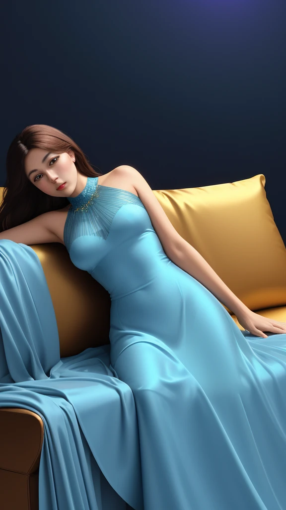 A beautiful charming lady, lay in a luxurious sofa, covered by red and golden luxurious silk fibers. The fibers is like this: supple lustrous silk, an abstract background with bends on it, in the style of violet and blue, 32k uhd, abstract minimalism appreciator, intel core, fluid lines and curves, realistic hyper-detail, light sky-blue and light bronze, high-key lighting, abstraction-création kodak elite chrome extra color, juxtaposition of light and shadow, clear colors smooth, modern minimalist, 3d render