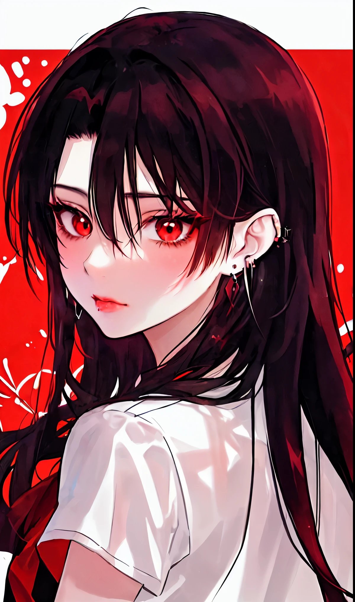 1girl, portrait, earrings, solo,lips, female focus, red eyes, looking at viewer, black hair, long hair, closed mouth
