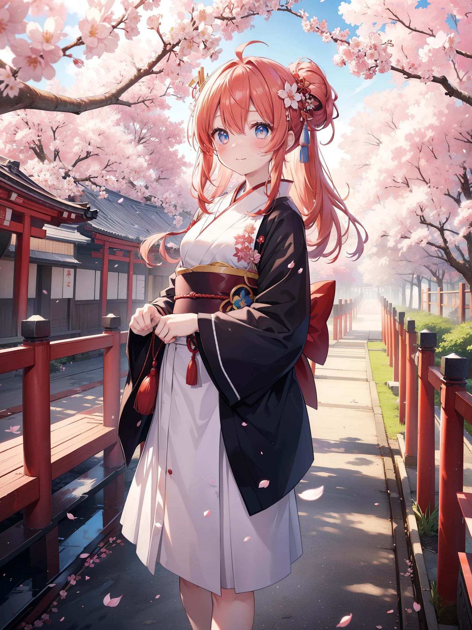itsukinakano, Itsuki Nakano, bangs, blue eyes, hair between eyes, Ahoge,hair tied back,,long hair, redhead, star \(symbol\), hair ornaments, star hair ornaments,smile,blush,Red flower stem kimono,white foot bag,Zori cherry blossoms are blooming,Cherry blossoms are scattered,Cherry blossom tree-lined path,walking,
break outdoors, shrine,torii,
break (masterpiece:1.2), highest quality, High resolution, unity 8k wallpaper, (figure:0.8), (detailed and beautiful eyes:1.6), highly detailed face, perfect lighting, Very detailed CG, (perfect hands, perfect anatomy),