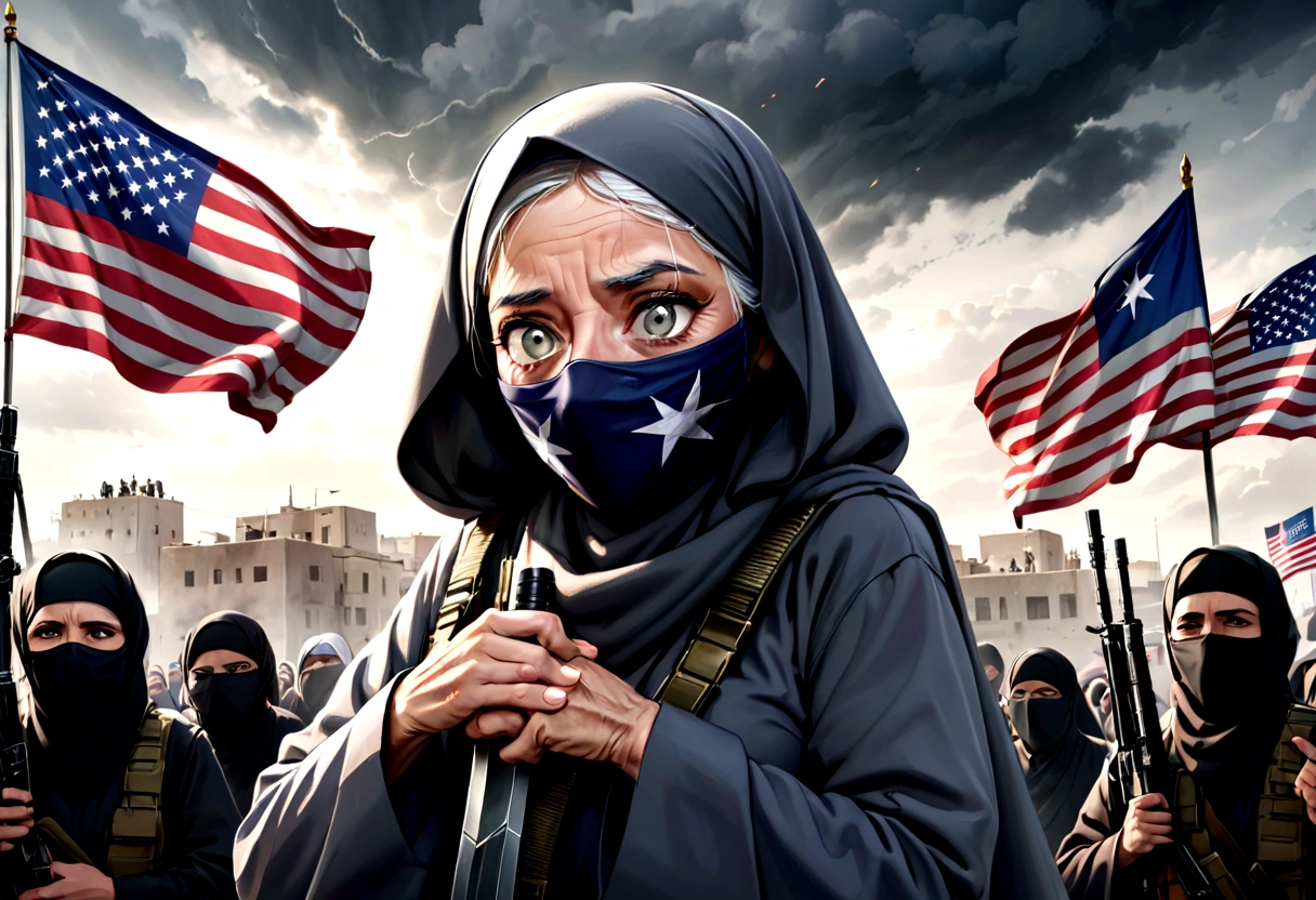 a decrepit old man, joe biden, cheering at a muslim terrorist rally (hijabs that obscure face, wielding swords and AK47 machine guns, flags of Iran and Islam), pledging american support, detailed wrinkled face, saggy skin, sunken eyes, grey hair, disheveled appearance, american flag, muslim extremists, explosions, chaos, dark clouds, eerie lighting, gloomy atmosphere, cinematic, highly detailed, photorealistic, 8k, dramatic, unnerving, unsettling
