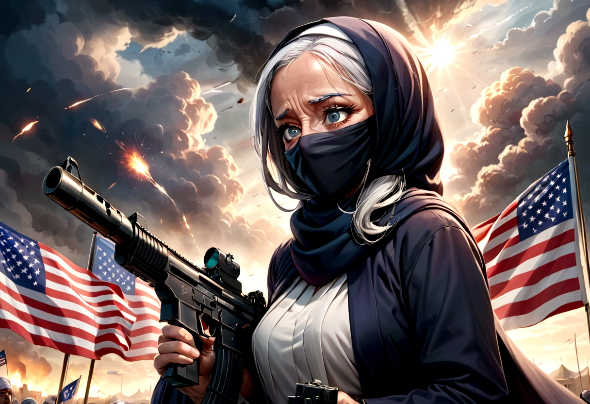a decrepit old man, joe biden, cheering at a muslim terrorist rally (hijabs that obscure face, wielding swords and AK47 machine guns, flags of Iran and Islam), pledging american support, detailed wrinkled face, saggy skin, sunken eyes, grey hair, disheveled appearance, american flag, muslim extremists, explosions, chaos, dark clouds, eerie lighting, gloomy atmosphere, cinematic, highly detailed, photorealistic, 8k, dramatic, unnerving, unsettling
