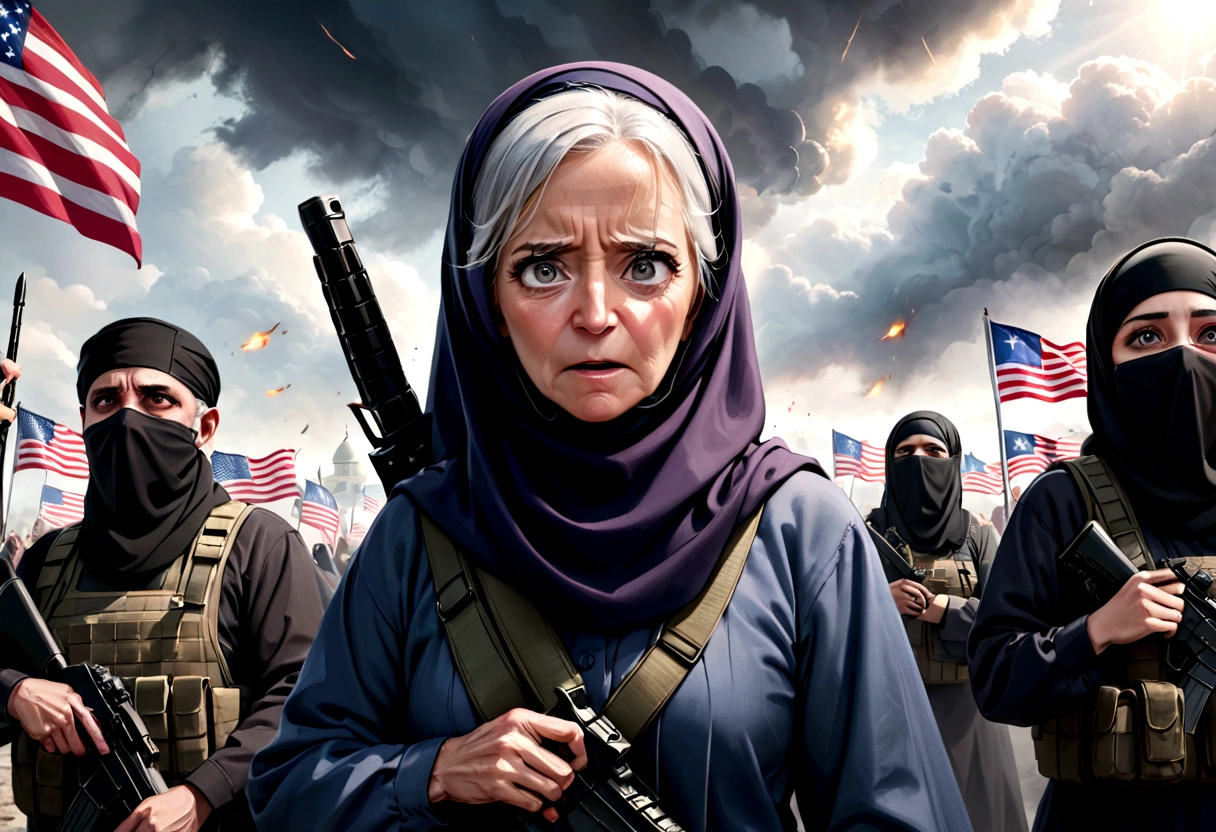 a decrepit old man, joe biden, cheering at a muslim terrorist rally (hijabs that obscure face, wielding swords and AK47 machine guns, flags of Iran and Islam), pledging american support, detailed wrinkled face, saggy skin, sunken eyes, grey hair, disheveled appearance, american flag, muslim extremists, explosions, chaos, dark clouds, eerie lighting, gloomy atmosphere, cinematic, highly detailed, photorealistic, 8k, dramatic, unnerving, unsettling
