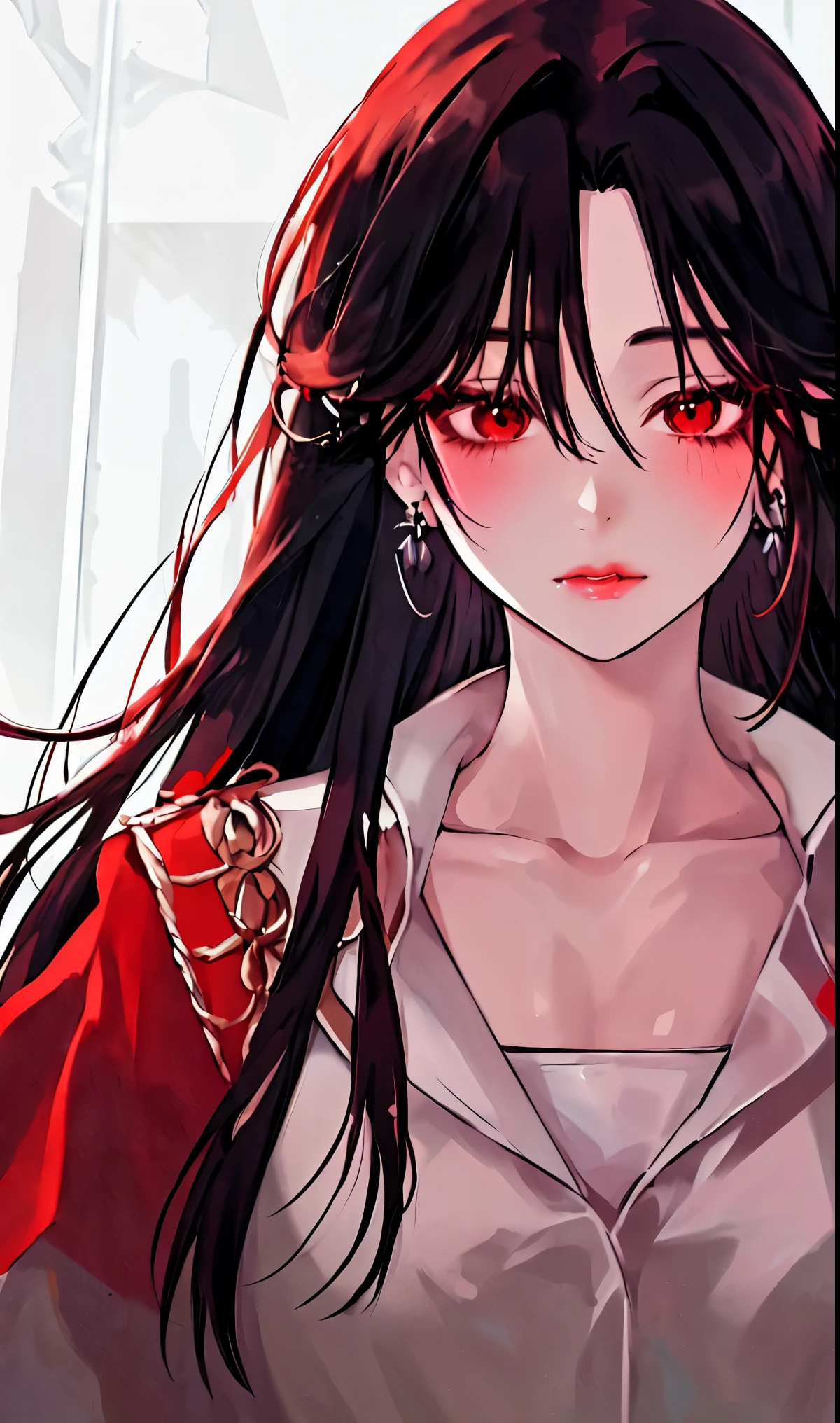 1girl, portrait, earrings, solo,lips, female focus, red eyes, looking at viewer, black hair, long hair, closed mouth