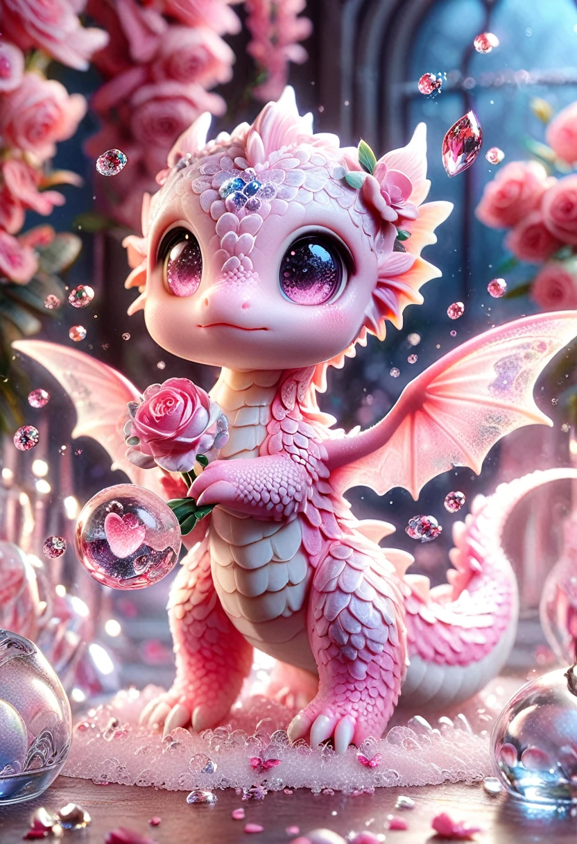Ultra detailed, HDR, Highres, absurdres, master piece, Pink dragon, expressive pink eyes, small dragon, glass, pink glittering butterflies, pink ice, petals, pink ice glass roses, cute, glittering, water, fantasy, magical