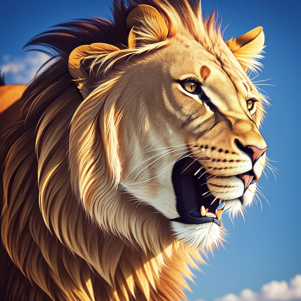 A realistic portrait of a majestic lion with his mane blowing in the wind.