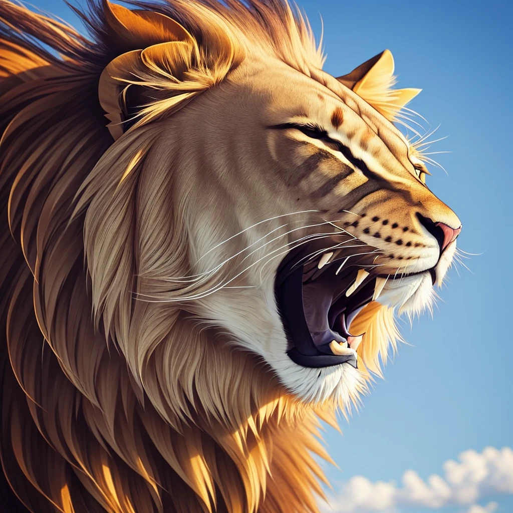 A realistic portrait of a majestic lion with his mane blowing in the wind.