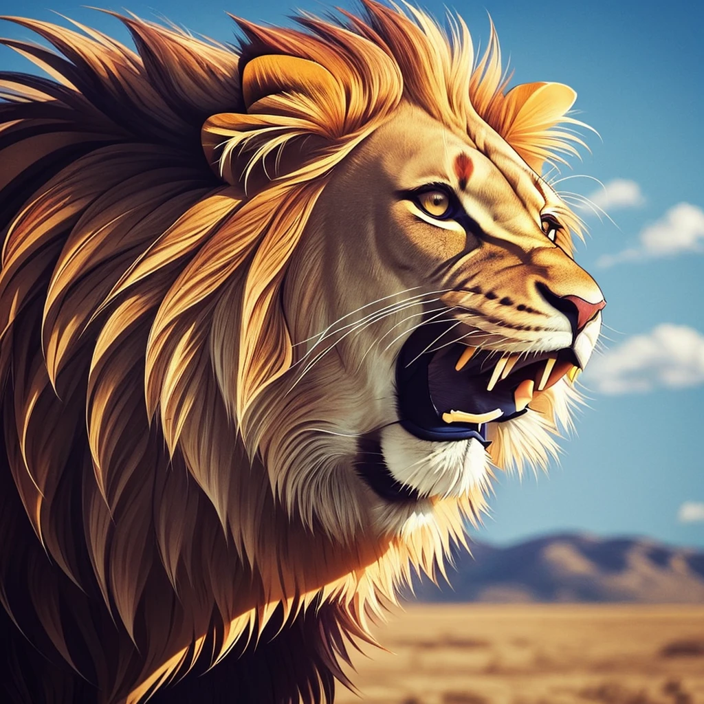 A realistic portrait of a majestic lion with his mane blowing in the wind.