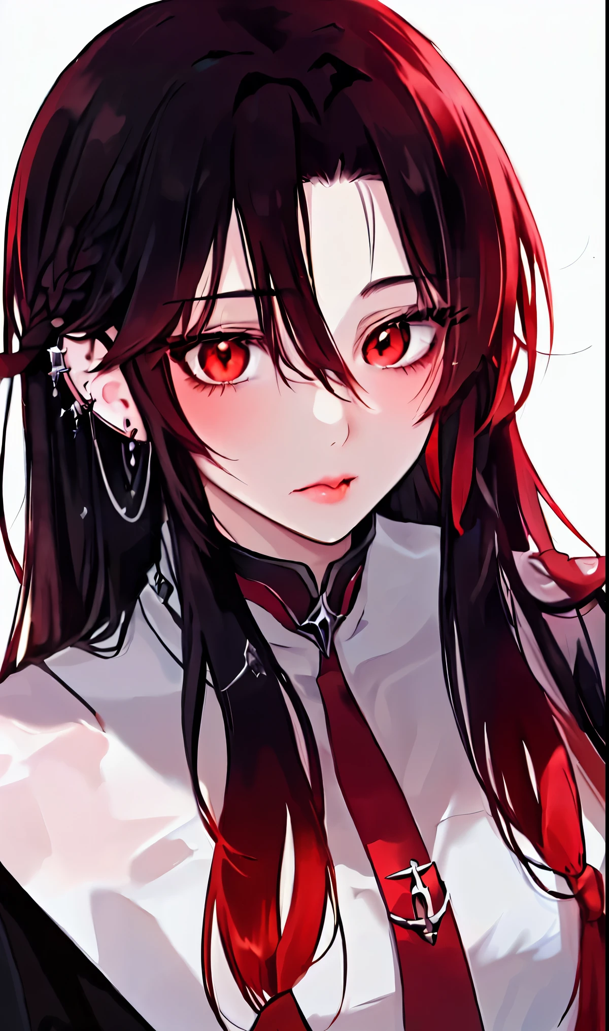 1girl, portrait, earrings, solo,lips, female focus, red eyes, looking at viewer, black hair, long hair, closed mouth