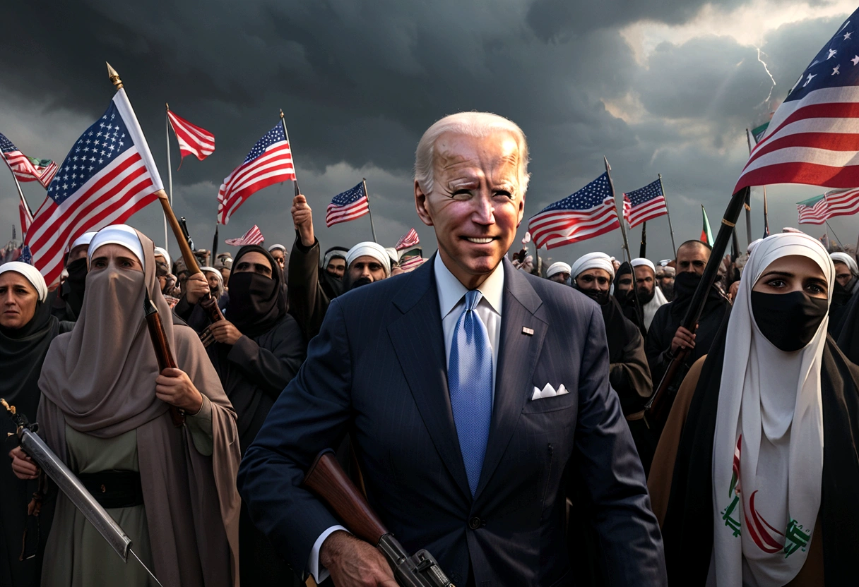 a decrepit old man, joe biden, cheering at a muslim terrorist rally (hijabs that obscure face, wielding swords and AK47 machine guns, flags of Iran and Islam), pledging american support, detailed wrinkled face, saggy skin, sunken eyes, grey hair, disheveled appearance, american flag, muslim extremists, explosions, chaos, dark clouds, eerie lighting, gloomy atmosphere, cinematic, highly detailed, photorealistic, 8k, dramatic, unnerving, unsettling