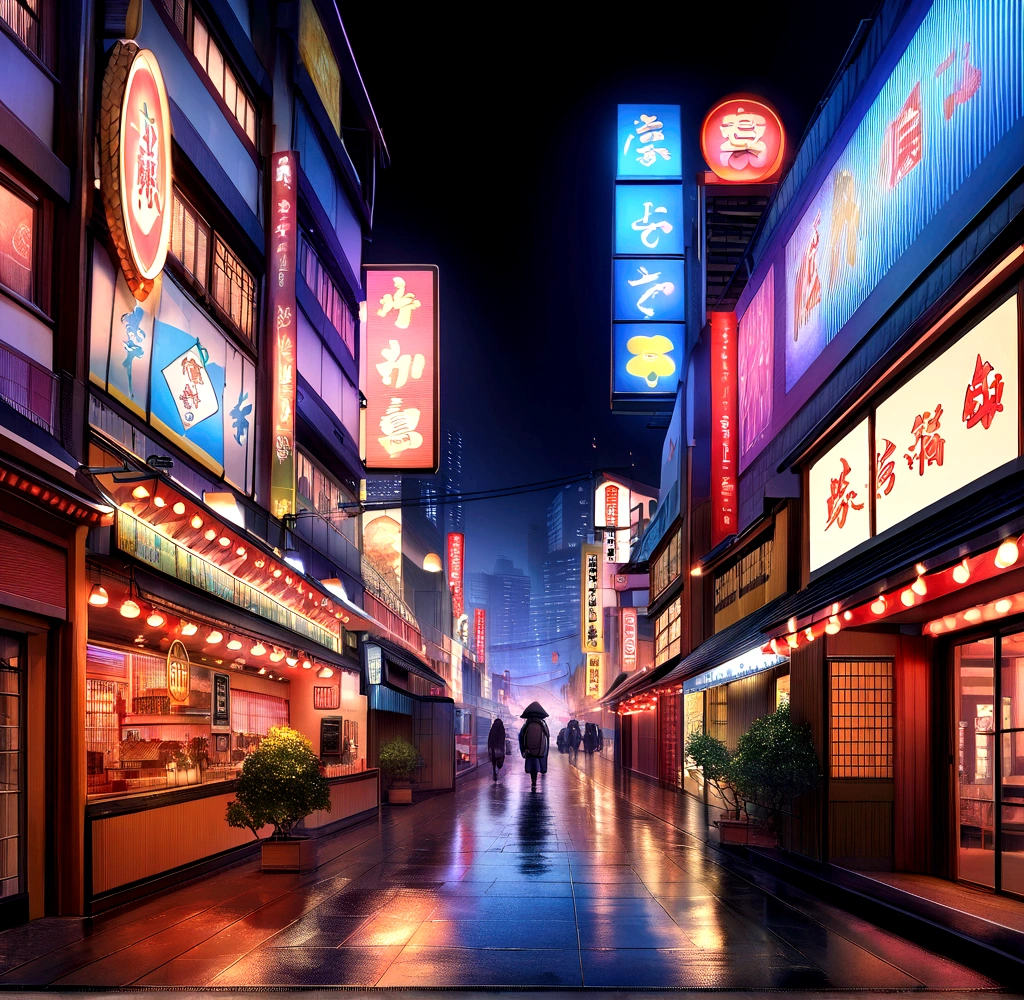 A Japanese city with modern style with several mirrored buildings with vibrant lighting and many twinkling lights on the realistic ultra HD signs style beautiful picture set wallpaper and realistic buildings with gleaming car signs black background 