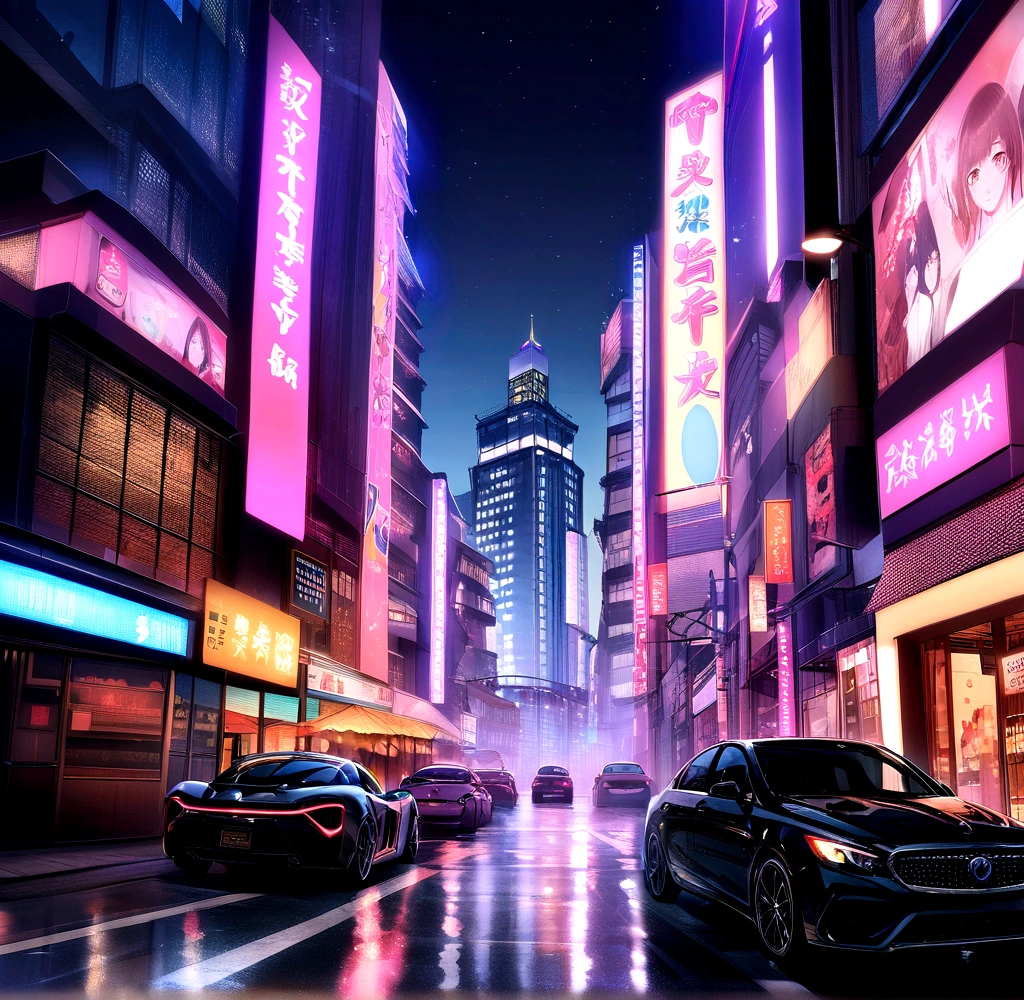 A Japanese city with modern style with several mirrored buildings with vibrant lighting and many twinkling lights on the realistic ultra HD signs style beautiful picture set wallpaper and realistic buildings with gleaming car signs black background 