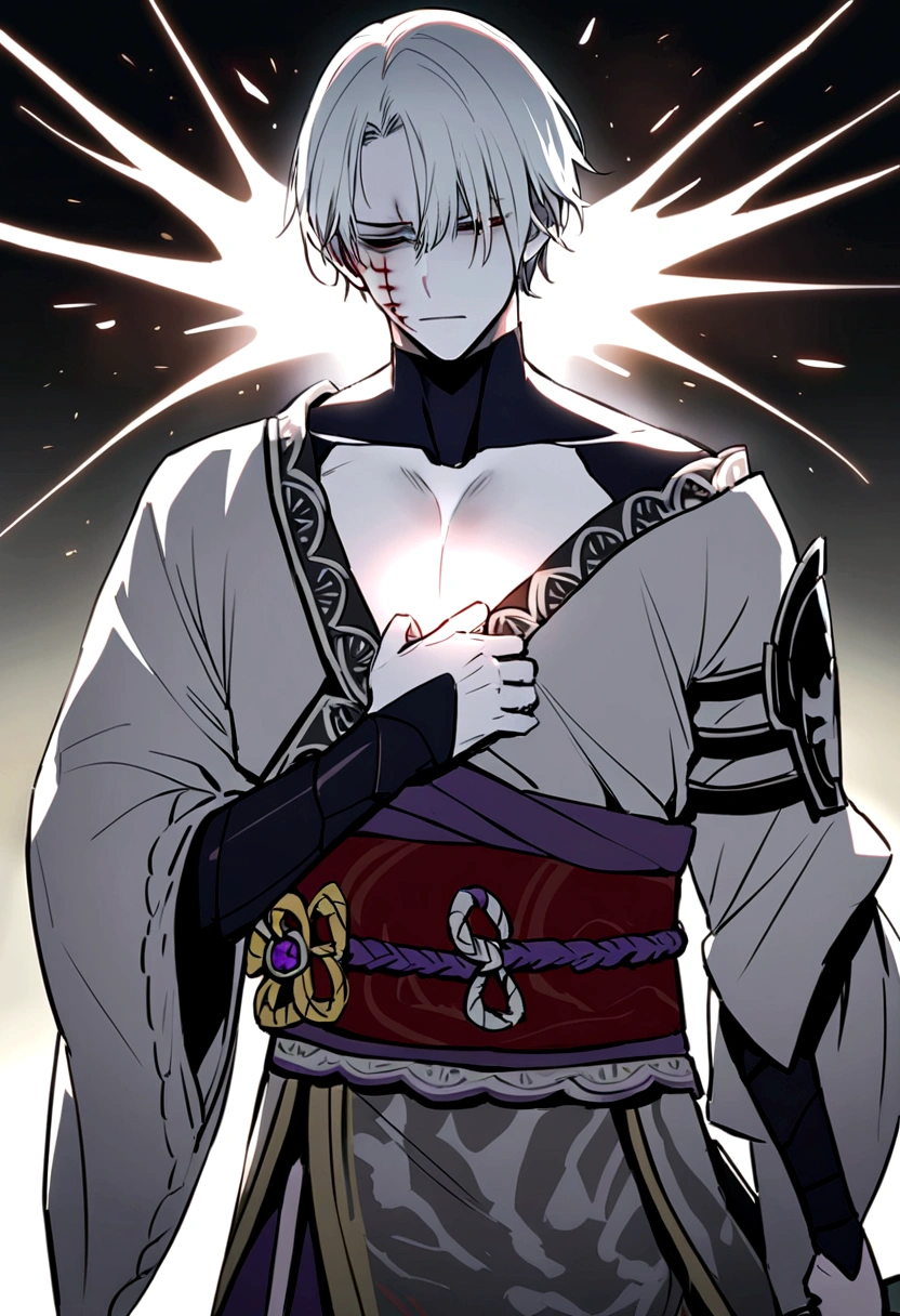 short hair boy, pale skin, white hair, removing a sword from your chest, lights, light coming from the chest, com expression of pain, expression of pain, taking a sword out of his chest, Igual a Raider Shogun