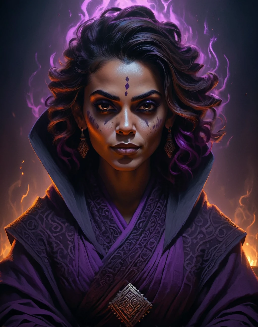 intricate detailed portrait of sombra, 8k, ultra detailed, dark moody colors, dark aura, horror atmosphere, cartoon style, monk character, highly detailed, photorealistic, dramatic lighting, volumetric fog, cinematic composition