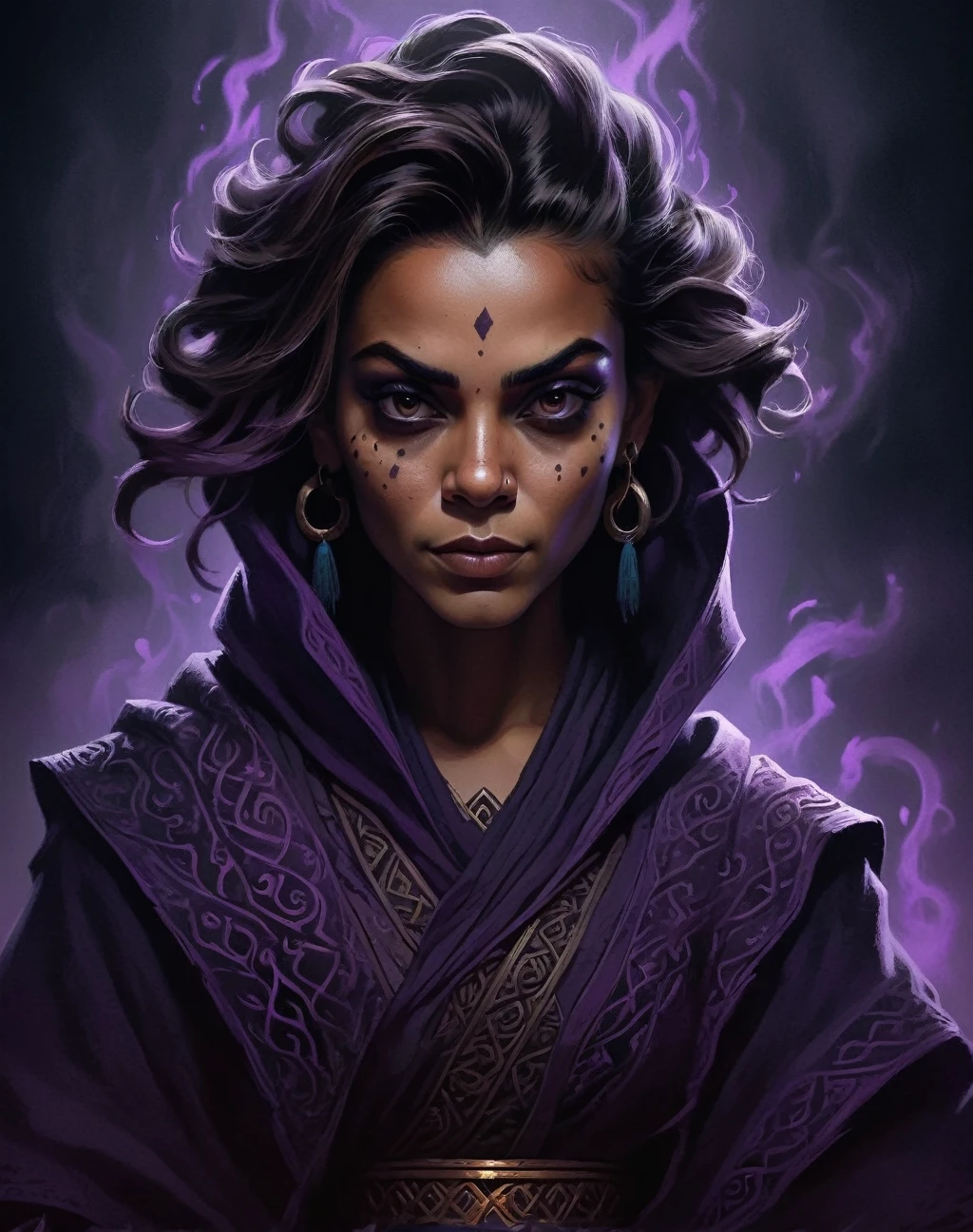 intricate detailed portrait of sombra, 8k, ultra detailed, dark moody colors, dark aura, horror atmosphere, cartoon style, monk character, highly detailed, photorealistic, dramatic lighting, volumetric fog, cinematic composition